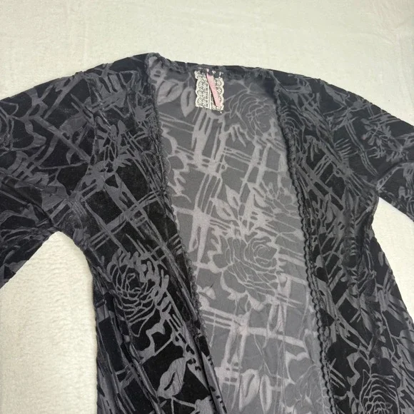 Maeve Anthropologie Velvet Burnout Kimono Cardigan Black Rose Geometric Duster M - Picture 1 of 9